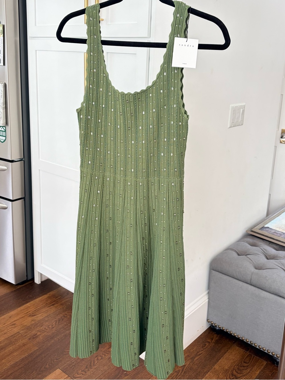 NWT! Sandro Kaki Dress, Beaded Olive Green Sleeveless Knit Dress (Org. $395!)
